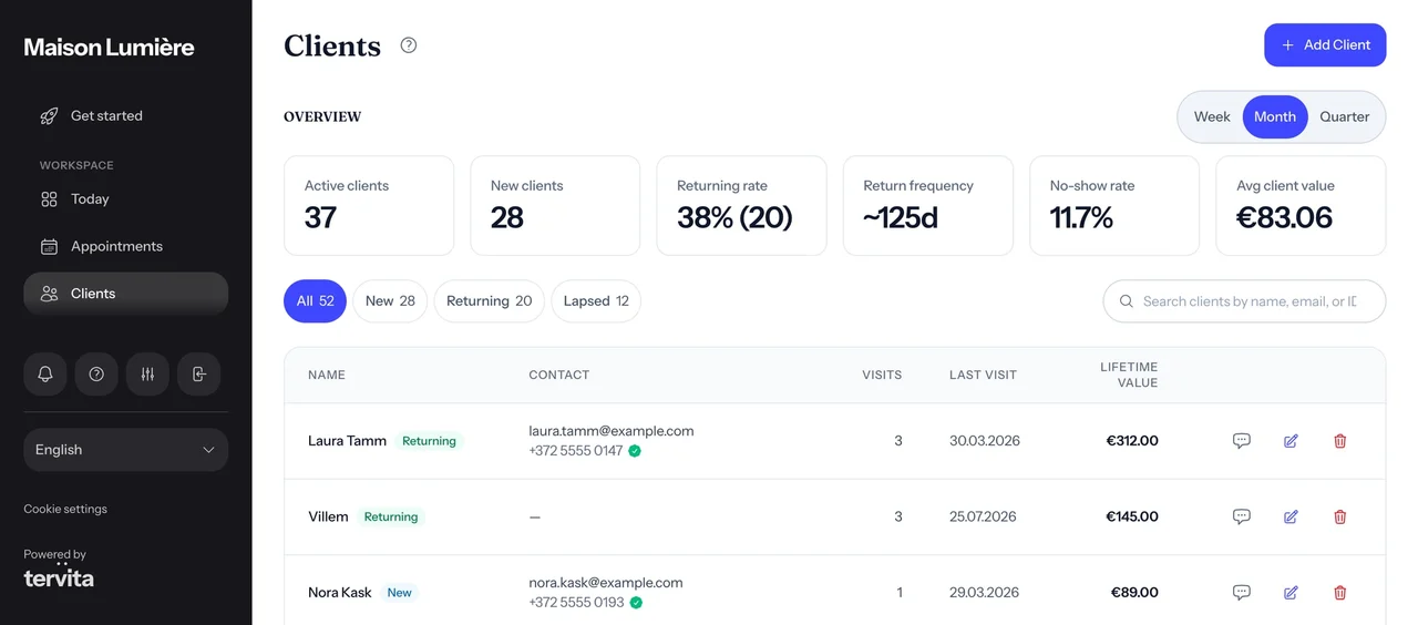 Tervita Clients page with client metrics, segments, search and visit information